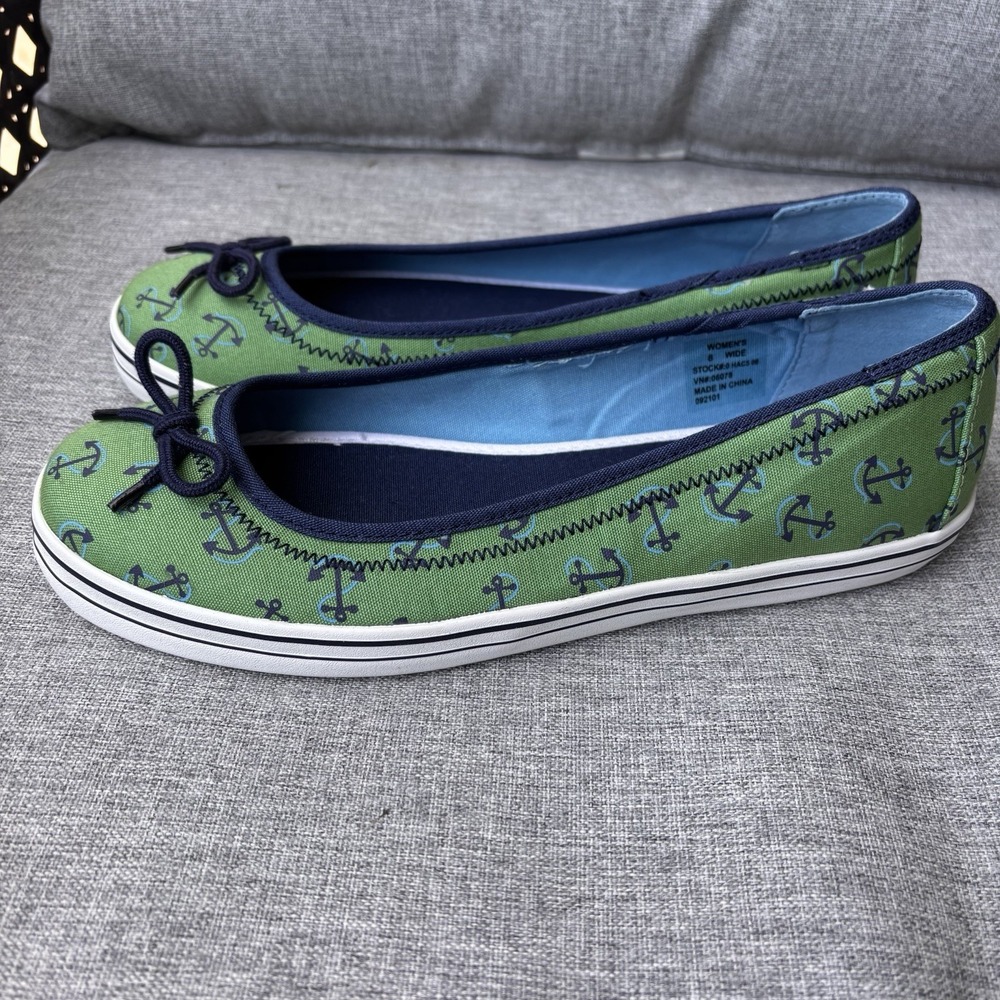 L.L. Bean Women's 8W Boat Sneaker Shoes Canvas Green Blue Nautical Anchors